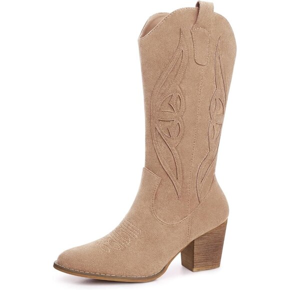 ⚡Women's Apricot Mid Calf Cowgirl Boots Western Embroidered Country High Heel - Picture 1 of 6